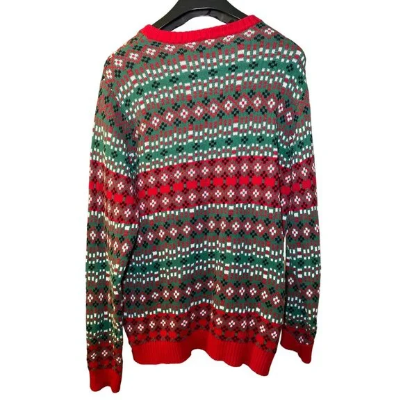 Ugly Christmas Sweater Reindeer Adults Lg Cotton Green/Red Festive Design Pocket - Picture 2 of 7